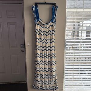Cream and Blue Crochet Maxi Dress - Sleeveless Knit Summer Dress